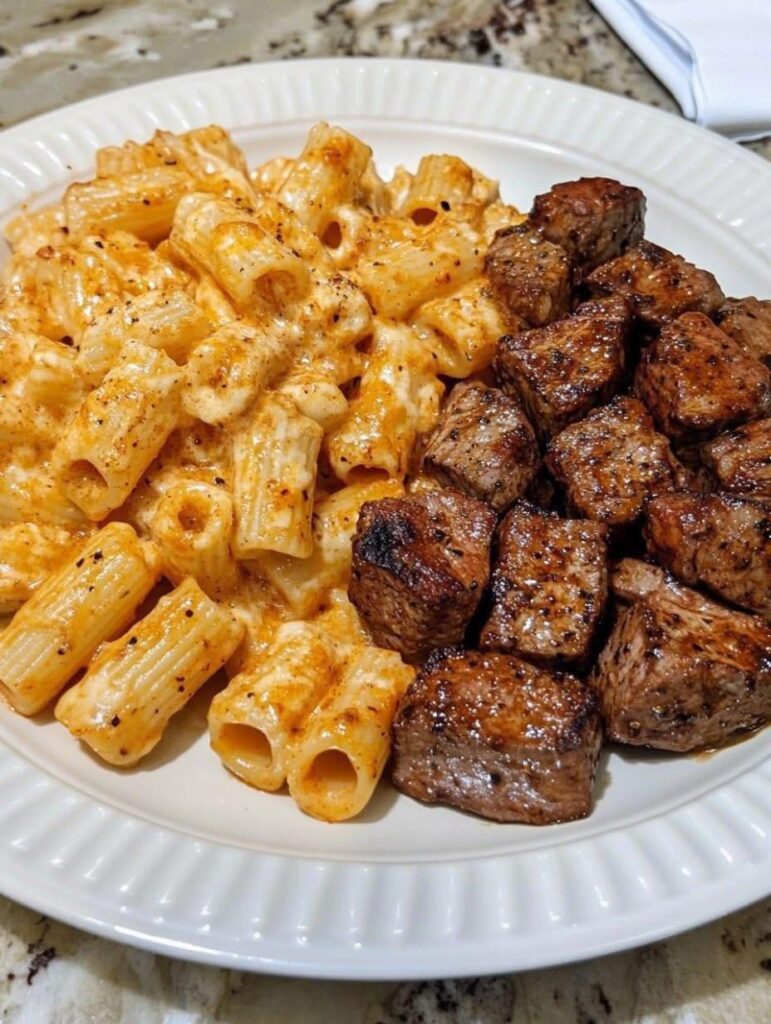 CAJUN STEAK TIPS IN CHEESY RIGATONI PARMESAN SAUCE