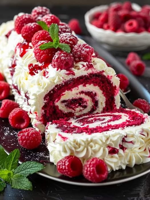 Lemon raspberry velvet roll cake