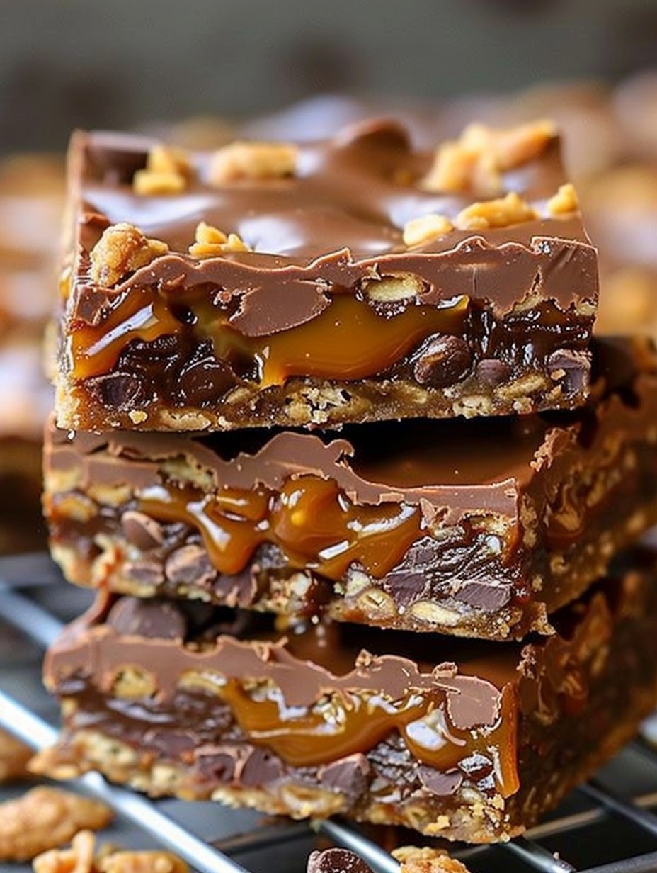 Gooey Caramel Chocolate Crunch Bars