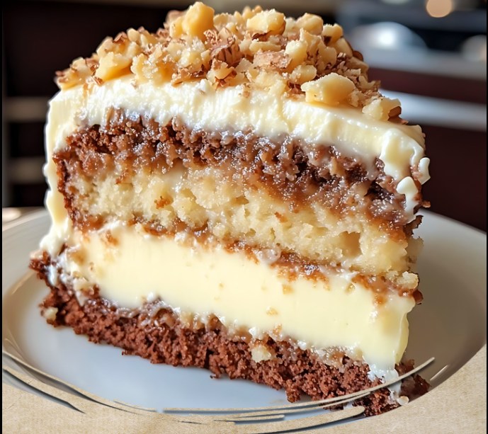 White German Chocolate Cake with a Cheesecake Center