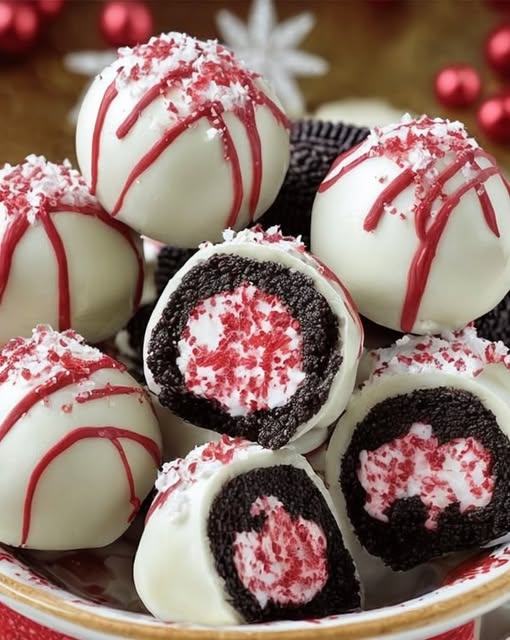 ❄️ No-Bake Peppermint Oreo Truffles – Easy Holiday Treats No-Bake Peppermint Oreo Truffles are festive, bite-sized delights perfect for holiday gatherings, gifting, or cozy snacking. Combining the crunch of Oreo cookies, creamy filling, and refreshing peppermint, these truffles are simple to make and absolutely irresistible. Every bite bursts with chocolatey, minty goodness, making them a must-have for the holiday season. Part 1: Introduction & Overview (≈ 250 words) No-Bake Peppermint Oreo Truffles are easy-to-make, no-bake treats that are perfect for the holiday season. With their rich chocolate coating, Oreo crunch, and refreshing peppermint flavor, they are a hit for both kids and adults. Why You’ll Love This Recipe 🍫 Chocolatey and crunchy – crushed Oreos provide texture and flavor. 🌿 Refreshing peppermint – adds a festive touch and cool taste. ❄️ No-bake convenience – ready in less than 30 minutes. 🎁 Perfect for gifting – easy to package for holiday treats. These truffles are ideal for holiday dessert trays, party platters, or gifting to friends and family. They’re simple, festive, and perfect for satisfying sweet cravings during the holidays. Part 2: Key Ingredients & Flavor Profile (≈ 400 words) Key Ingredients For the Truffles: Oreo cookies – crushed for texture and chocolate flavor. Cream cheese – creamy, tangy filling to bind cookies. White or dark chocolate – for coating and decorating. Peppermint extract – refreshing, festive flavor. Optional toppings: crushed candy canes, sprinkles, or drizzle chocolate. Flavor Profile No-Bake Peppermint Oreo Truffles deliver: Chocolatey richness – from the Oreo cookies and chocolate coating. Creamy texture – smooth, soft filling with a slight tang. Minty freshness – a festive, cool peppermint flavor. Crunchy texture – from the crushed cookies and optional toppings. The combination of creamy filling, crunchy cookies, and peppermint flavor creates a festive and indulgent treat for any holiday gathering. Part 3: Step-by-Step Instructions (≈ 550 words) Step 1 – Prepare Ingredients Crush 36 Oreo cookies into fine crumbs. Measure 8 oz cream cheese, softened. Prepare a baking sheet lined with parchment paper. Step 2 – Make Truffle Filling In a large bowl, combine crushed Oreos, cream cheese, and 1 tsp peppermint extract. Mix until smooth and well combined. Step 3 – Form Truffles Roll the mixture into 1-inch balls and place them on the prepared baking sheet. Chill in the fridge for at least 15–20 minutes until firm. Step 4 – Coat with Chocolate Melt 12 oz of white or dark chocolate using a double boiler or microwave. Dip each truffle into the melted chocolate, ensuring it’s fully coated. Place back on parchment paper. Step 5 – Decorate Optional: Sprinkle crushed candy canes, colored sprinkles, or drizzle extra chocolate over truffles for festive appeal. Step 6 – Set & Serve Refrigerate truffles for 20–30 minutes until chocolate is firm. Store in an airtight container at room temperature or in the fridge. Part 4: Variations, Substitutions & Serving Ideas (≈ 400 words) Variations Chocolate Mint Truffles: Use dark chocolate coating and add more peppermint extract. Mini Truffles: Roll smaller ½-inch balls for bite-sized treats. Festive Mix: Add crushed candy canes inside the filling for extra peppermint flavor. Substitutions Use gluten-free Oreos for a gluten-free version. Swap cream cheese with mascarpone or a dairy-free alternative. Dark chocolate or milk chocolate can replace white chocolate. Serving Ideas Perfect for holiday dessert trays or cookie platters. Makes a thoughtful gift when wrapped in clear bags or boxes. Serve with hot cocoa, coffee, or tea for a cozy winter treat. Part 5: Nutrition & Cost (≈ 300 words) Each truffle (≈1 oz) contains approximately: Calories: 120–150 Fat: 7–9 g Protein: 1–2 g Healthier Tweaks: Use reduced-fat cream cheese for lower calories. Limit chocolate coating or drizzle lightly to reduce sugar. Cost: Approximate total cost: $10–12 depending on chocolate and Oreo brand. Part 6: FAQs (≈ 200 words) Can I make these truffles ahead of time? Yes, they store well in an airtight container for up to a week. Can I freeze them? Absolutely! Freeze in an airtight container for up to 2 months. Can I use different cookies? Yes, chocolate wafer cookies or other sandwich cookies work perfectly. Do they need refrigeration? Not strictly, but chilling helps the truffles hold their shape and ensures a firm coating. Part 7: Tips, Common Mistakes & Conclusion (≈ 200 words) Common Mistakes Overmixing → too soft, difficult to shape. Chocolate too hot → melts truffles during coating. Skipping chilling → truffles may not set properly. Pro Tips Chill truffles before dipping for easier coating. Use high-quality chocolate for a glossy finish. Decorate after coating for a festive look. Conclusion No-Bake Peppermint Oreo Truffles are easy, festive, and delicious. The combination of creamy Oreo filling, refreshing peppermint, and rich chocolate coating makes them a holiday favorite. Perfect for gifting, snacking, or dessert tables, these truffles are simple, quick, and irresistibly sweet. ✅ SEO Package SEO Title: No-Bake Peppermint Oreo Truffles – Easy Holiday Treats Meta Description: Make No-Bake Peppermint Oreo Truffles – creamy, chocolatey, and minty. Perfect easy holiday treats and gifts! (130 characters) Focus Keyphrase: No-Bake Peppermint Oreo Truffles Slug: no-bake-peppermint-oreo-truffles