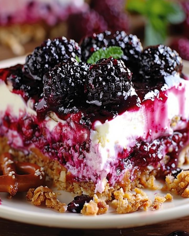 😍🥨🍇 Elegant Pretzel Blackberry Cheesecake Bars