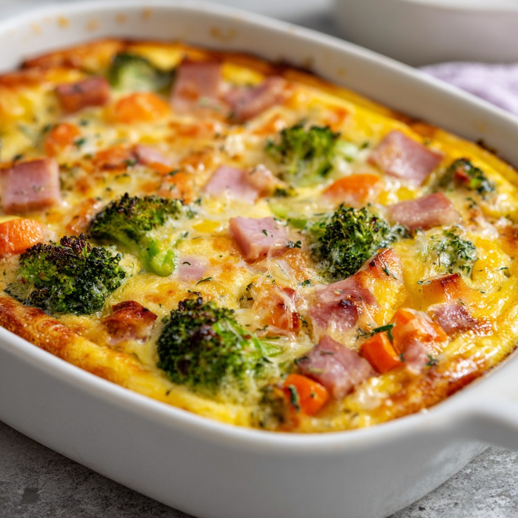 crustless-ham-cheese-bake-broccoli-carrots