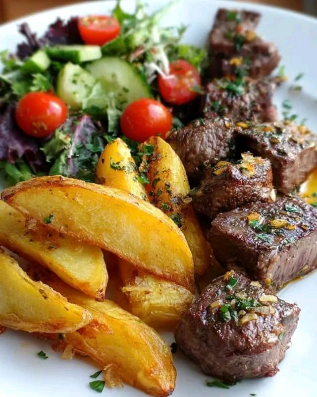 garlic-butter-steak-bites-potato-wedges-fresh-salad-recipe