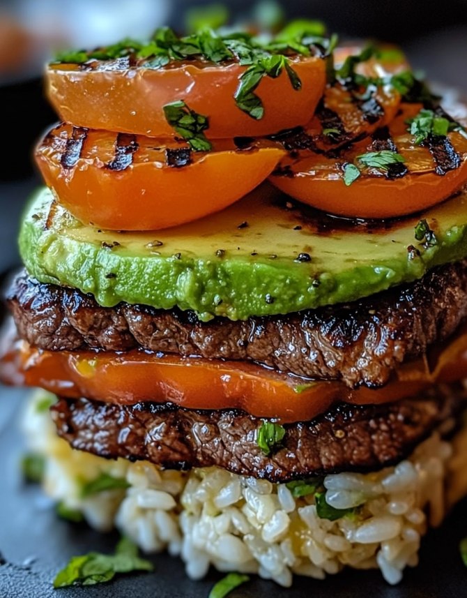 grilled-beef-tomato-avocado-rice-stack