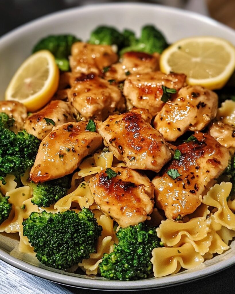 Zesty Butter Chicken with Lemony Bowtie Pasta and Crisp Broccoli
