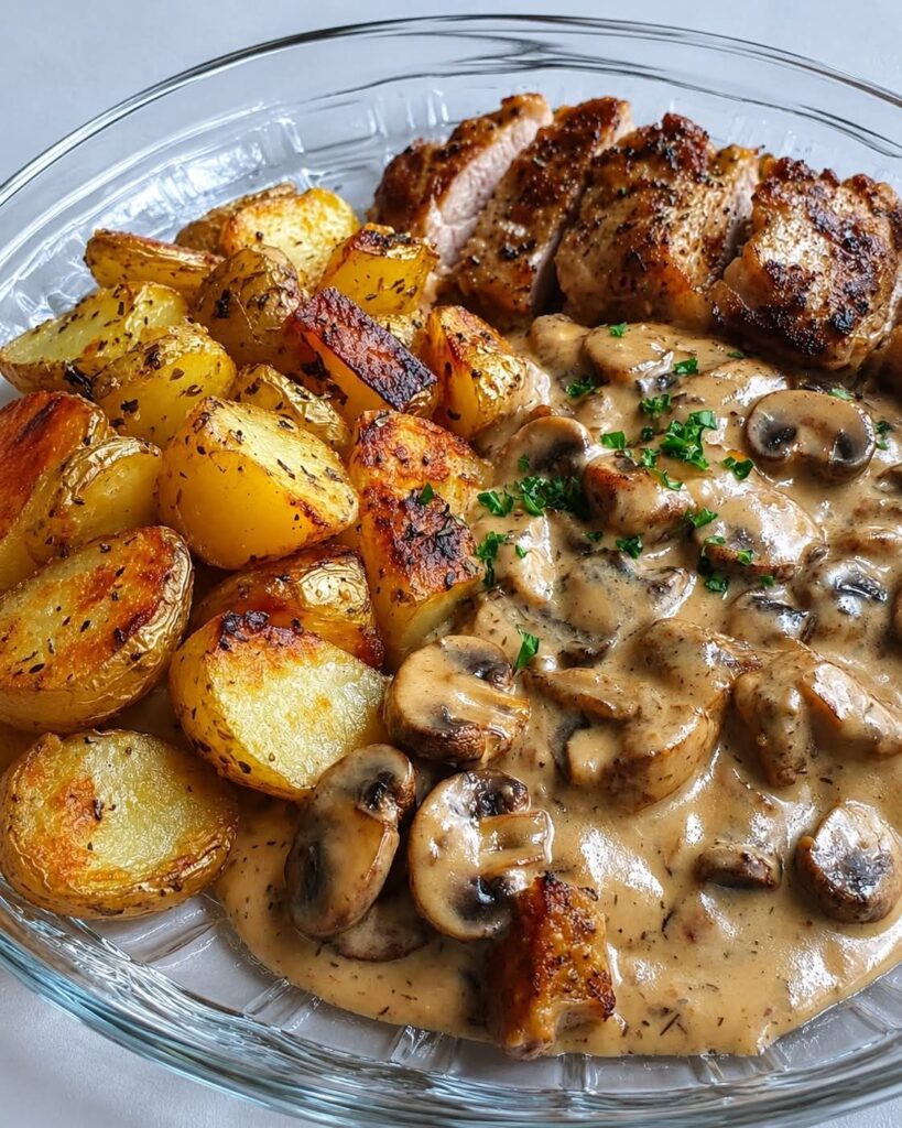 creamy-mushroom-chicken-with-crispy-herb-potatoes