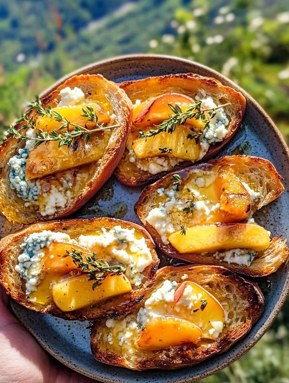Grilled-Peach-Bruschetta-with-Honey-Blue-Cheese