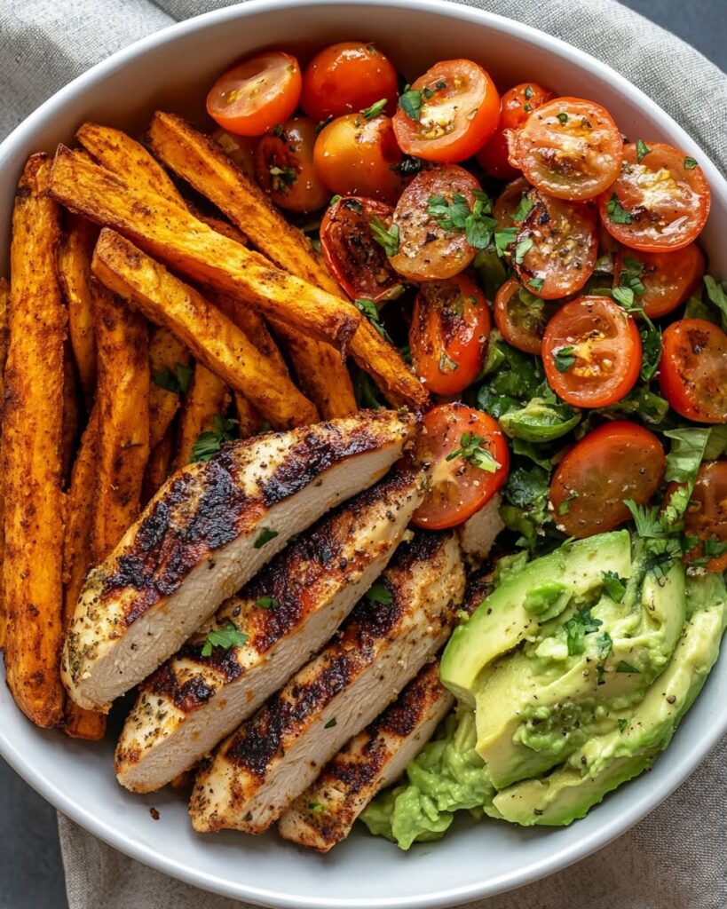 grilled-chicken-power-bowl-with-sweet-potato-fries-guacamole