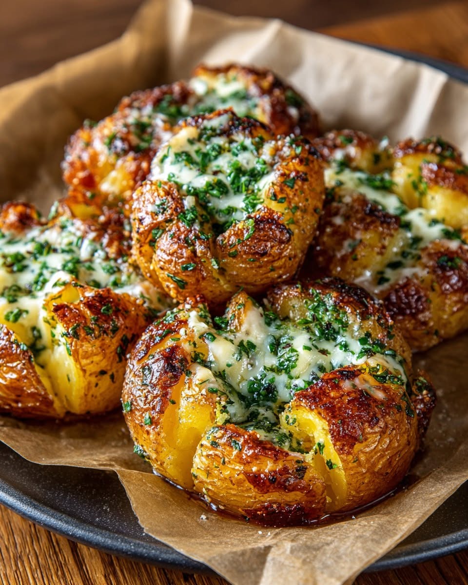 golden-smashed-potatoes-with-brie-fondue-garlic-herb-oil