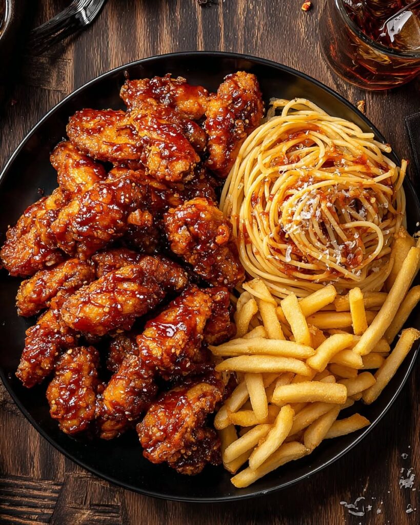 crispy-glazed-chicken-wings-with-fries-spaghetti