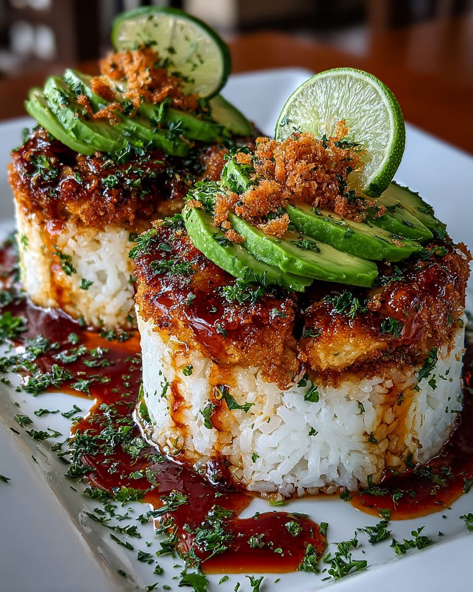 honey-lime-chicken-avocado-rice-towers-with-crispy-garlic