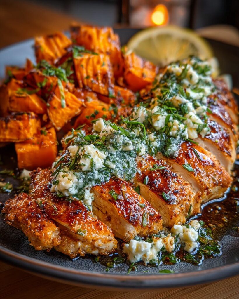Golden-Chicken-Cutlets-with-Garlic-Feta-Cream-&-Sweet-Potato