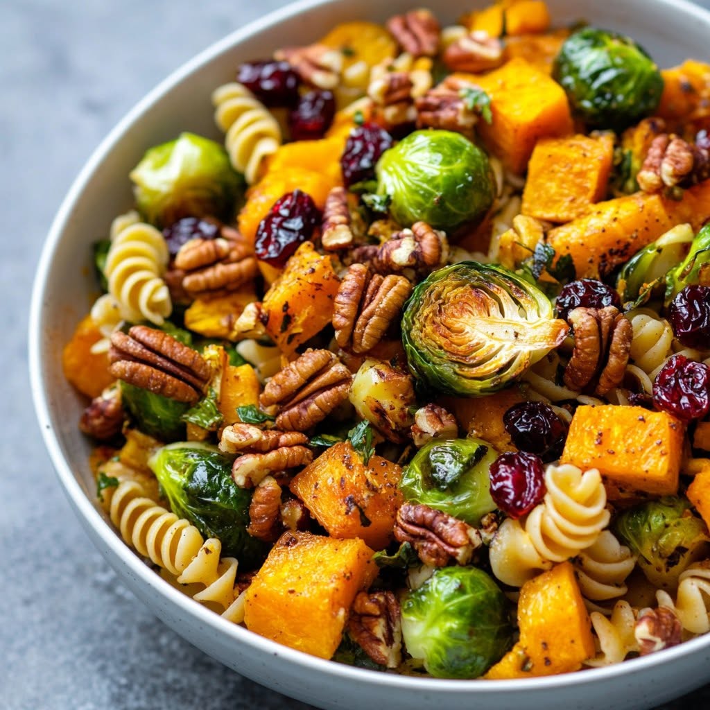 butternut-squash-pasta-salad-with-brussels-sprouts-pecans-and-cranberries