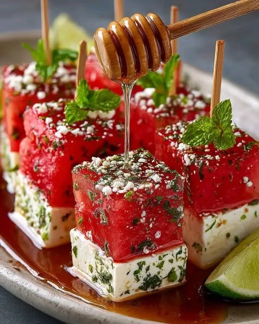 Hot Honey Watermelon Feta Bites with Mint