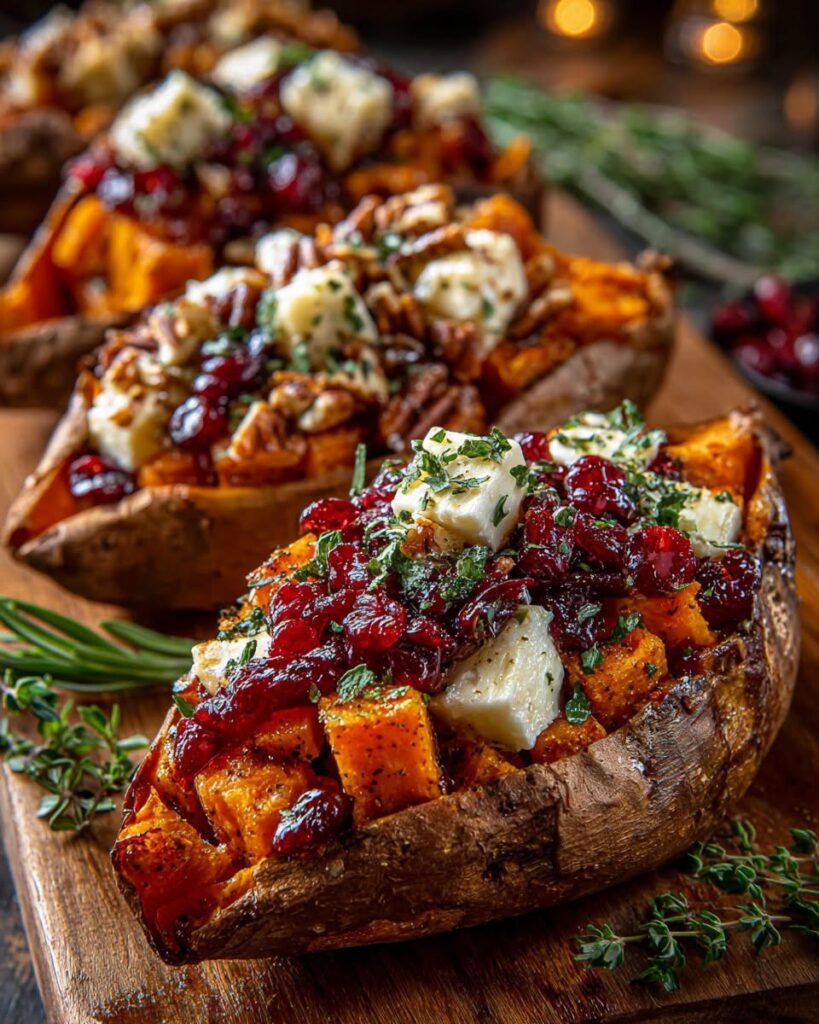 maple-pecan-brie-stuffed-sweet-potatoes-with-cranberry-glaze