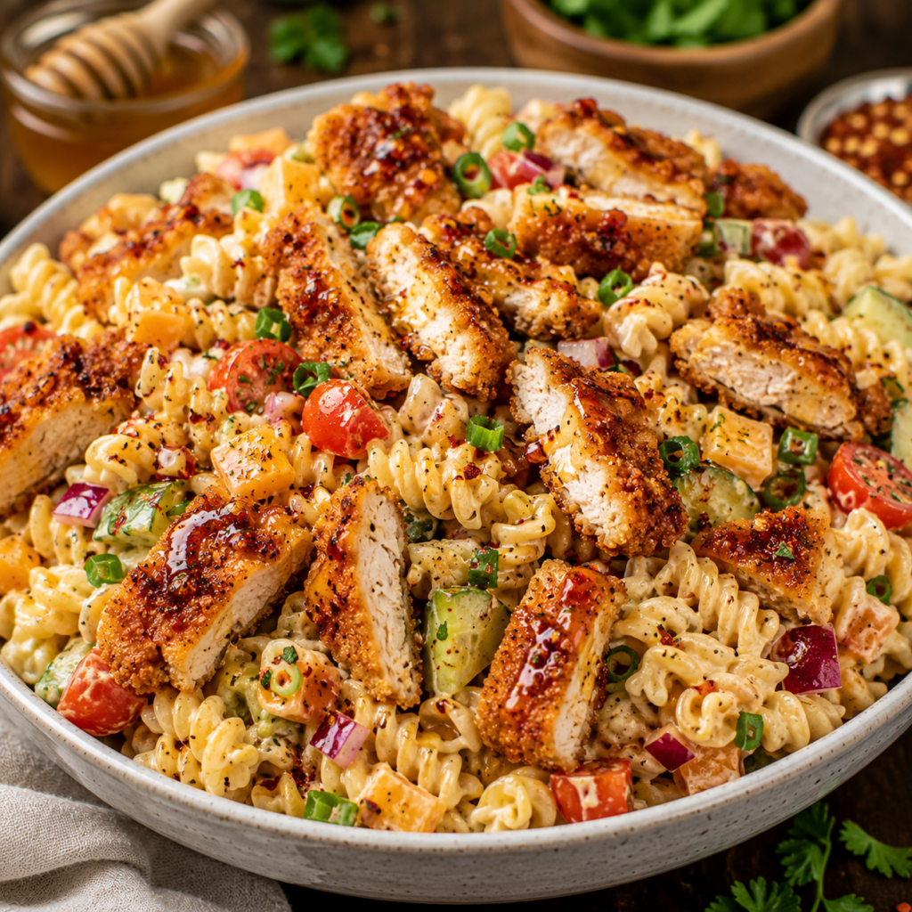 easy-crispy-chicken-creamy-hot-honey-pasta-salad-sweet-and-spicy