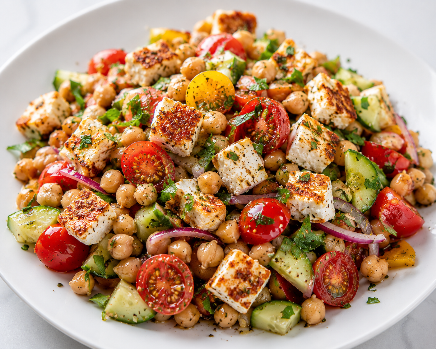 Salad with Chickpeas, Cherry Tomatoes & Crispy Feta