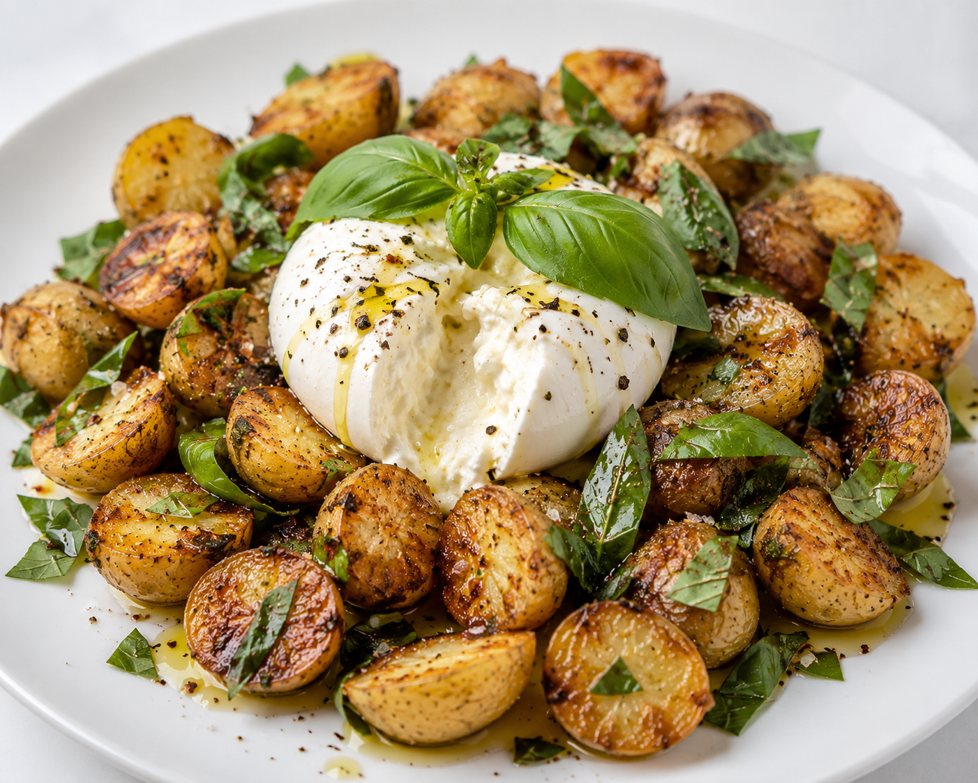 Crispy New Potatoes, Burrata & Fresh Basil